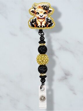Highland Cow Black/Gold Floral Bow & Tutu Beaded Badge Reel